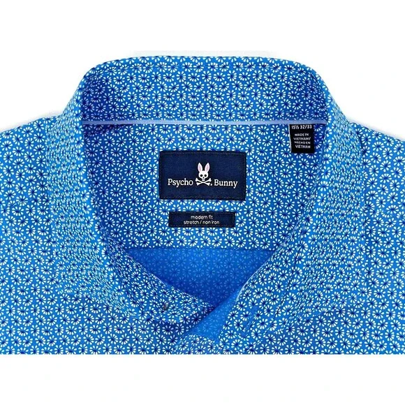 NWT Psycho Bunny Modern Fit Non-Iron Stretch Dress Shirt Floral Blue 15.5  32/33 - www.sanvalentin.cl